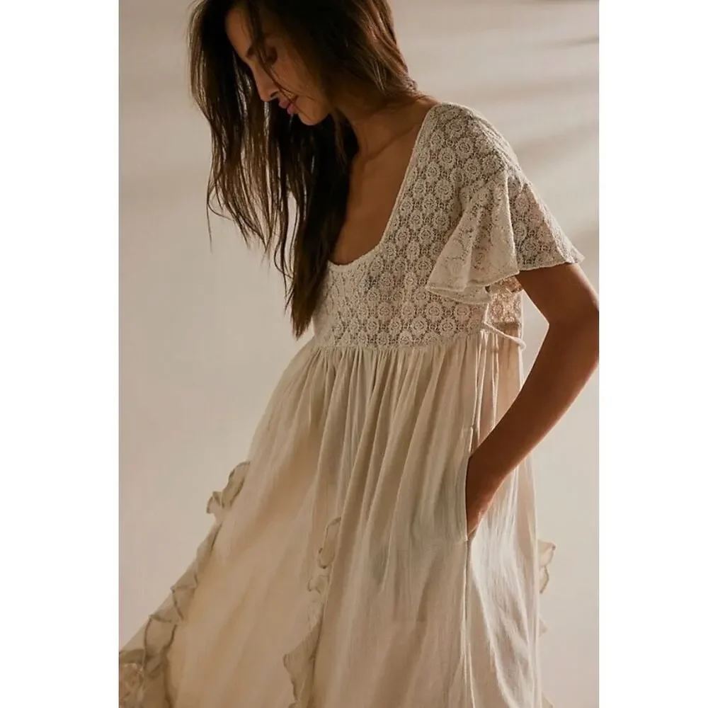 Free People Ethereal Bohemian Bring The Romance Midi Maxi Dress Ivory Small - Picture 4 of 14